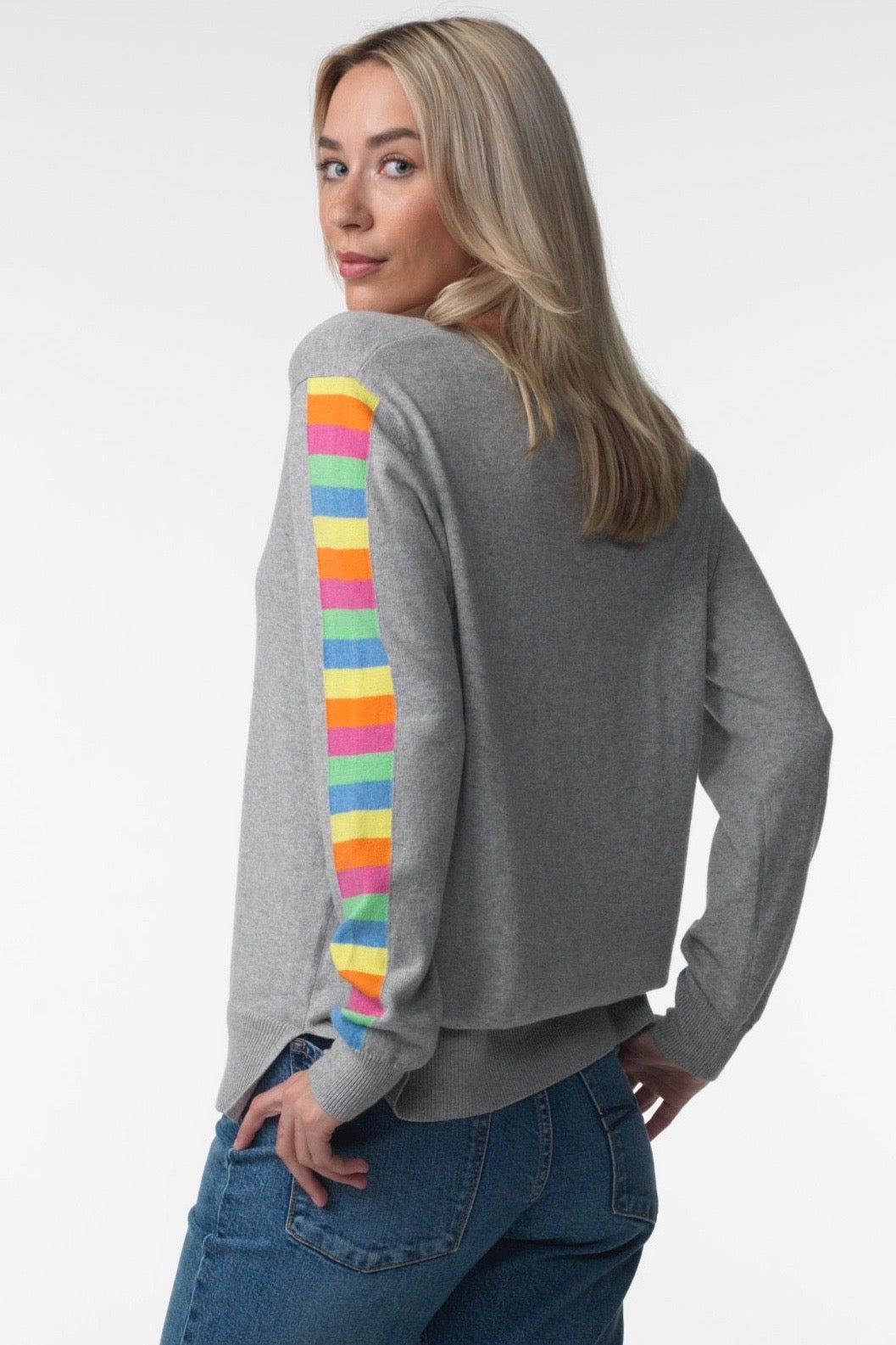 HEATHER COMBO V NECK LONG SLEEVE WITH STRIPES  SWEATER - Kingfisher Road - Online Boutique