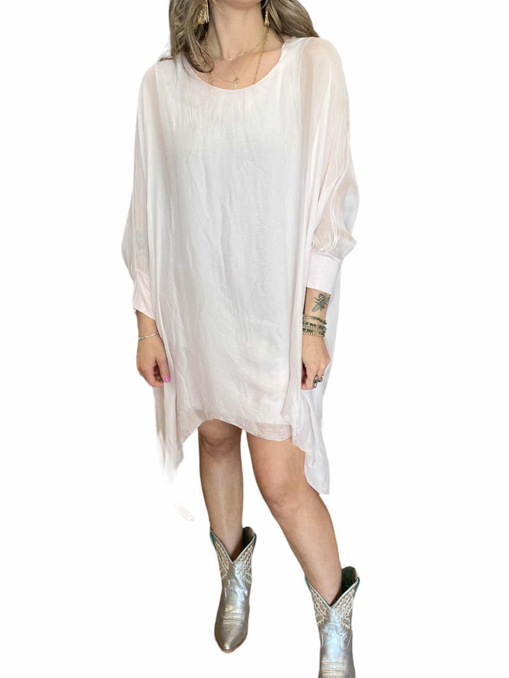 SILK ROUND NECK LONG TUNIC - ROSE - Kingfisher Road - Online Boutique