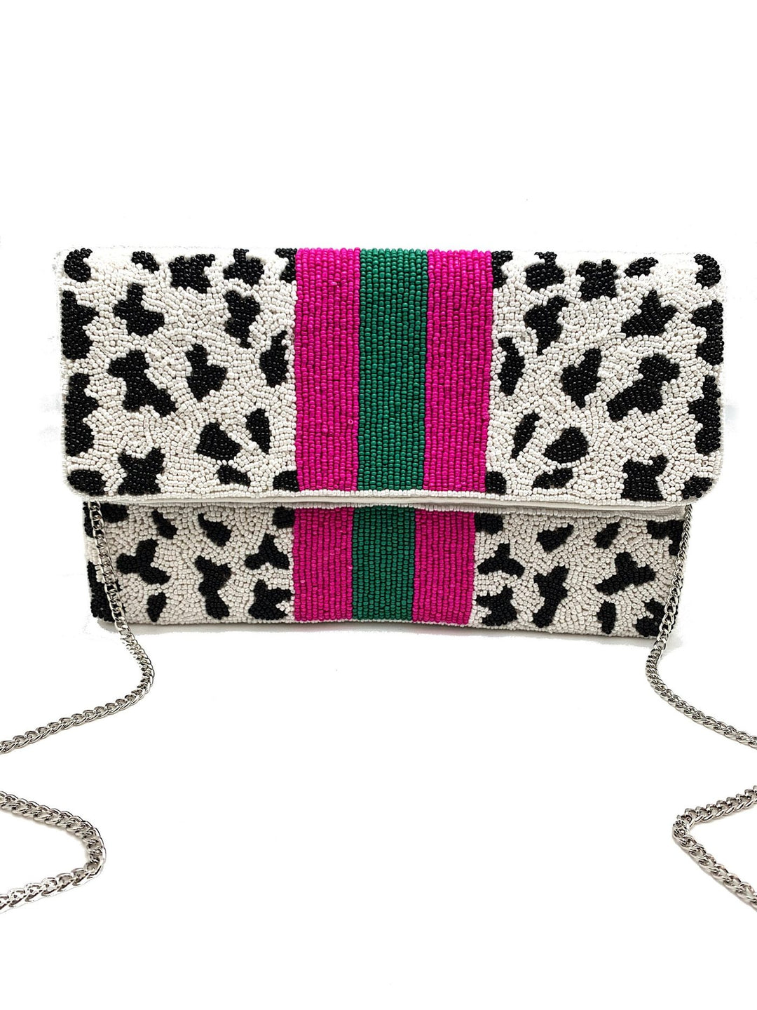 WHITE PINK GREEN STRIPE LEOPARD BEADED BAG - Kingfisher Road - Online Boutique