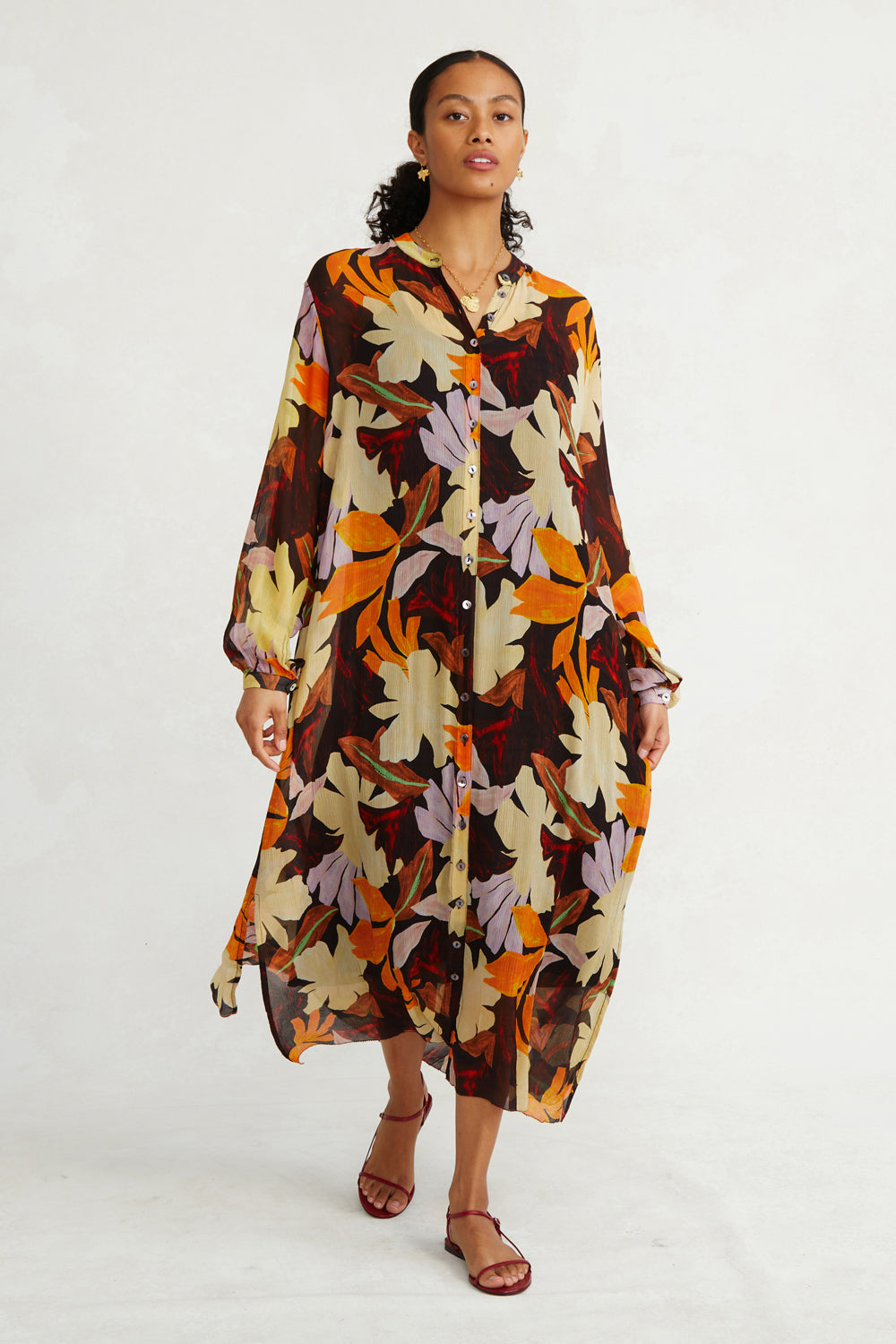 SILK CHIFFON LONG SLEEVE BUTTON DOWN DRESS - MAGNOLIA - Kingfisher Road - Online Boutique