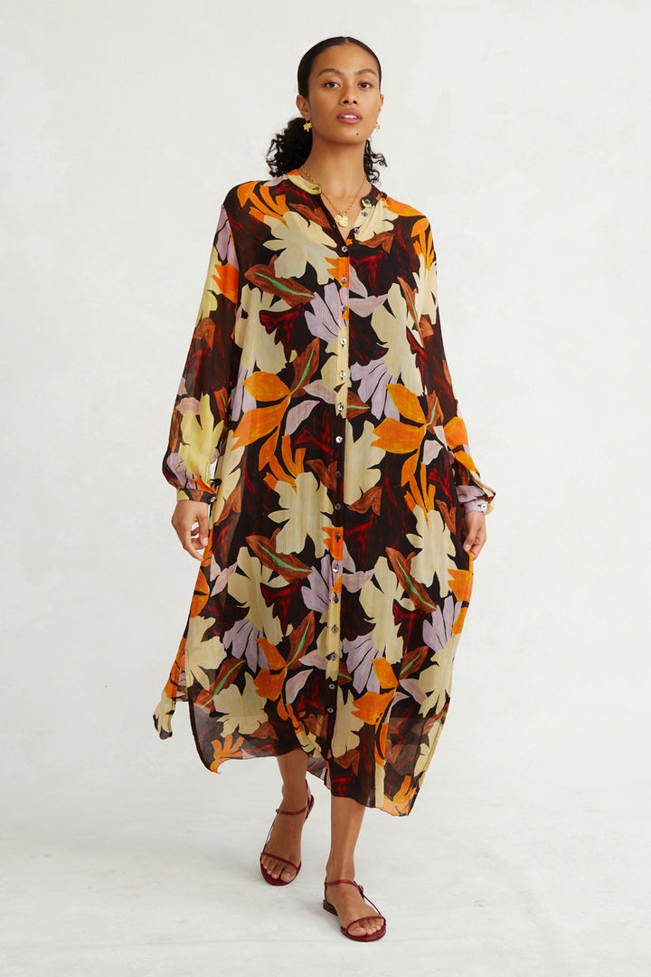 SILK CHIFFON LONG SLEEVE BUTTON DOWN DRESS - MAGNOLIA - Kingfisher Road - Online Boutique