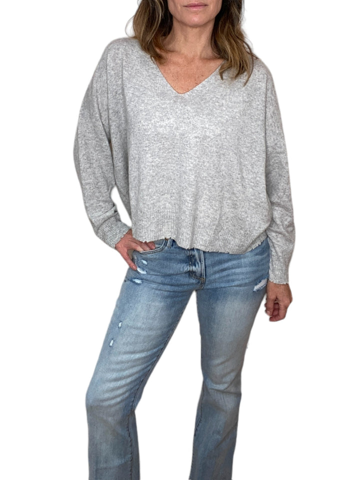 VIVI BOYFRIEND V NECK TOP - FLUFFY GREY - Kingfisher Road - Online Boutique