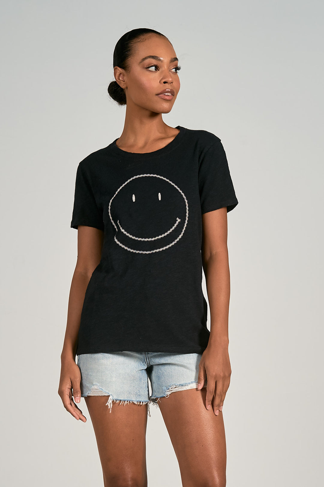 HAPPY FACE CREW NECK TEE-BLACK - Kingfisher Road - Online Boutique