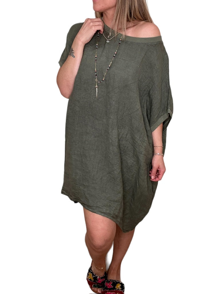 LINEN RIB TRIM ROUND NECK TUNIC-SAGE - Kingfisher Road - Online Boutique