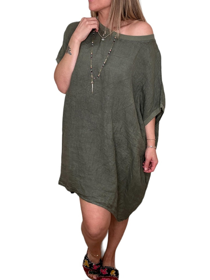 LINEN RIB TRIM ROUND NECK TUNIC-SAGE - Kingfisher Road - Online Boutique