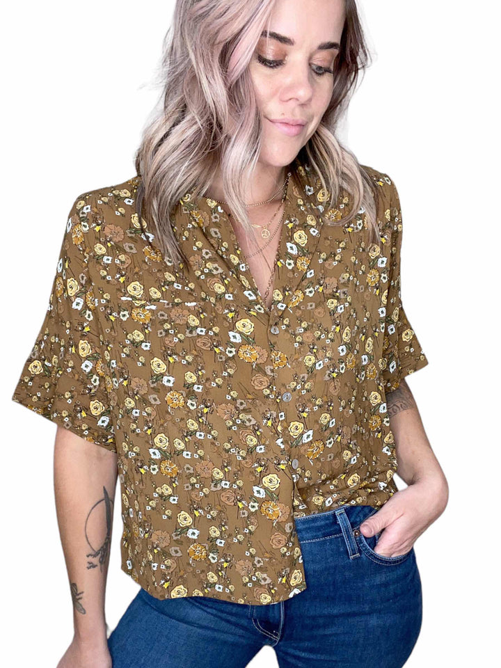 V-NECK POLO FLOWY TOP - CAMEL - Kingfisher Road - Online Boutique