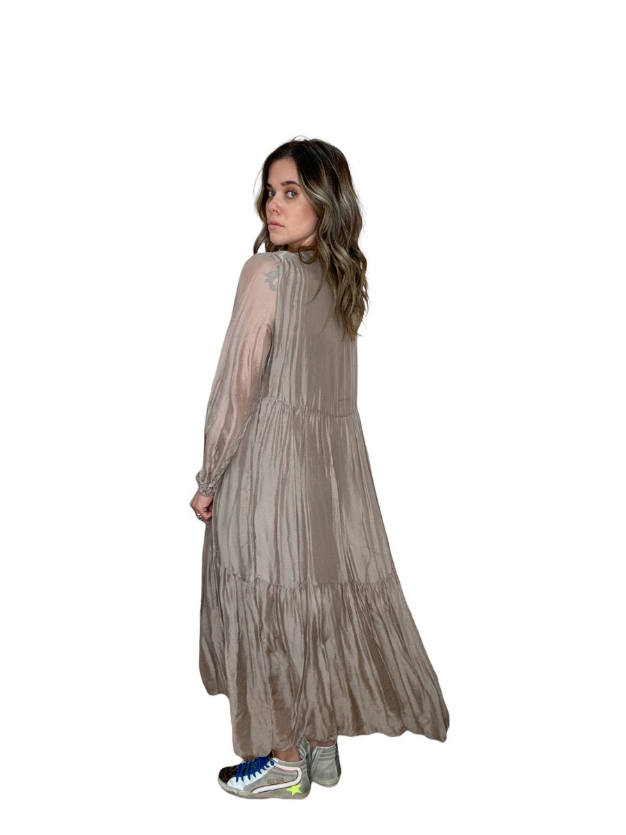 LONG SLEEVE SILK MAXI DRESS - TAUPE - Kingfisher Road - Online Boutique