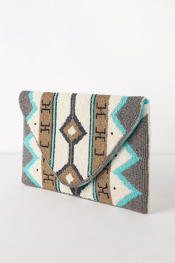 TURQUOISE/GOLD GEOMETRIC BEADED CLUTCH - Kingfisher Road - Online Boutique