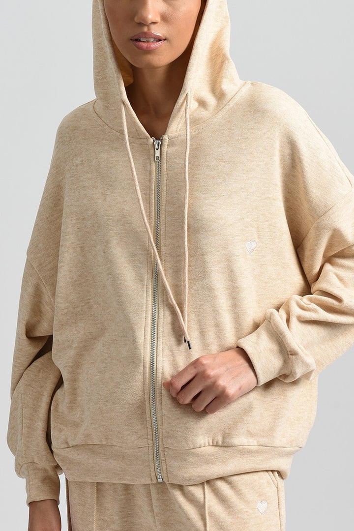 ZIP UP HOODIE W/DRAWSTRING - BEIGE - Kingfisher Road - Online Boutique