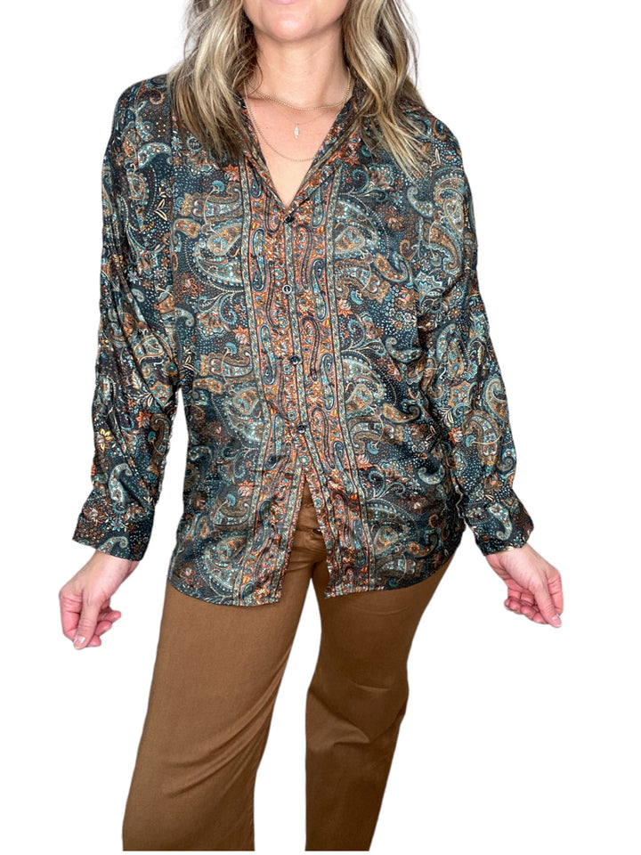 BLACK PRINT SILKY BUTTON DOWN  SHIRT - Kingfisher Road - Online Boutique
