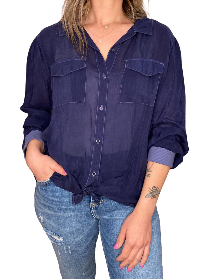 RIB CUFF L/S BUTTON UP SHIRT - NAVY - Kingfisher Road - Online Boutique