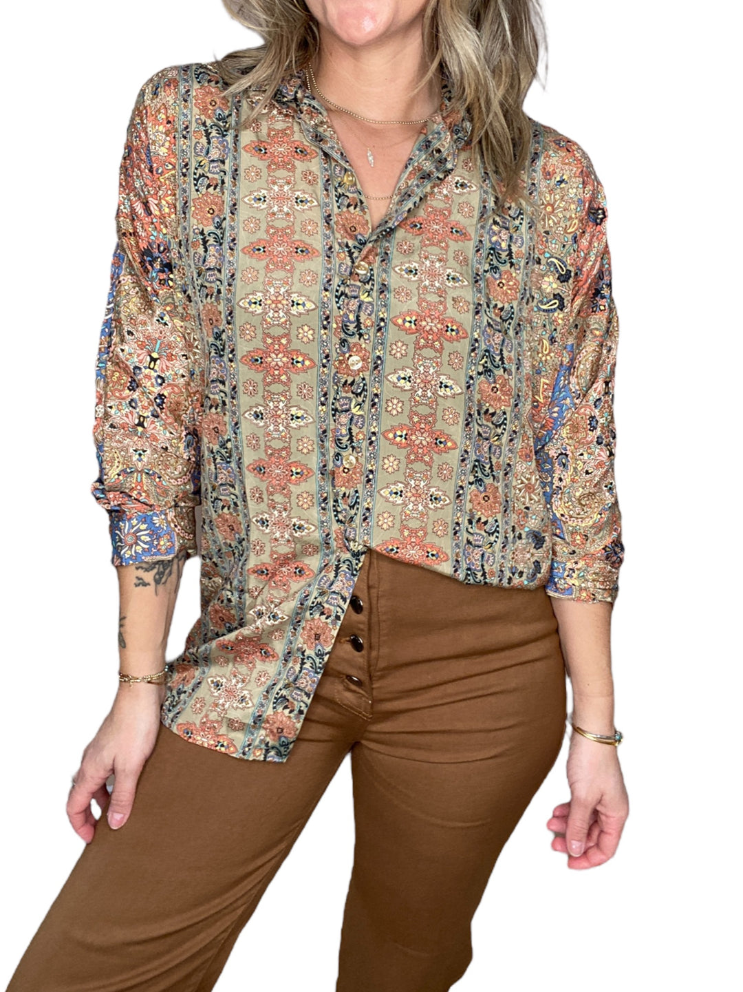 BROWN PRINT SILKY BUTTON DOWN TOP - Kingfisher Road - Online Boutique