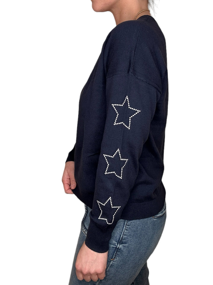 EMBROIDERED STAR SLEEVE SWEATER-NAVY