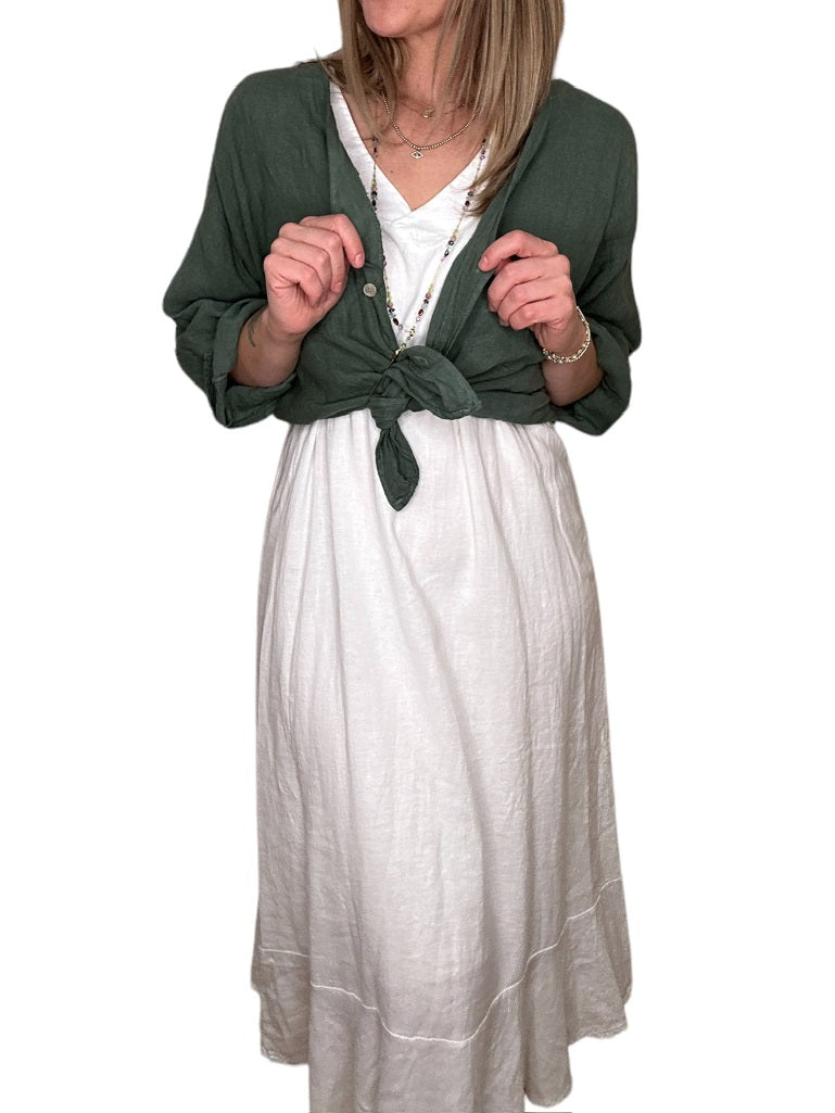 LINEN BUTTON DOWN V-NECK TOP-SAGE - Kingfisher Road - Online Boutique