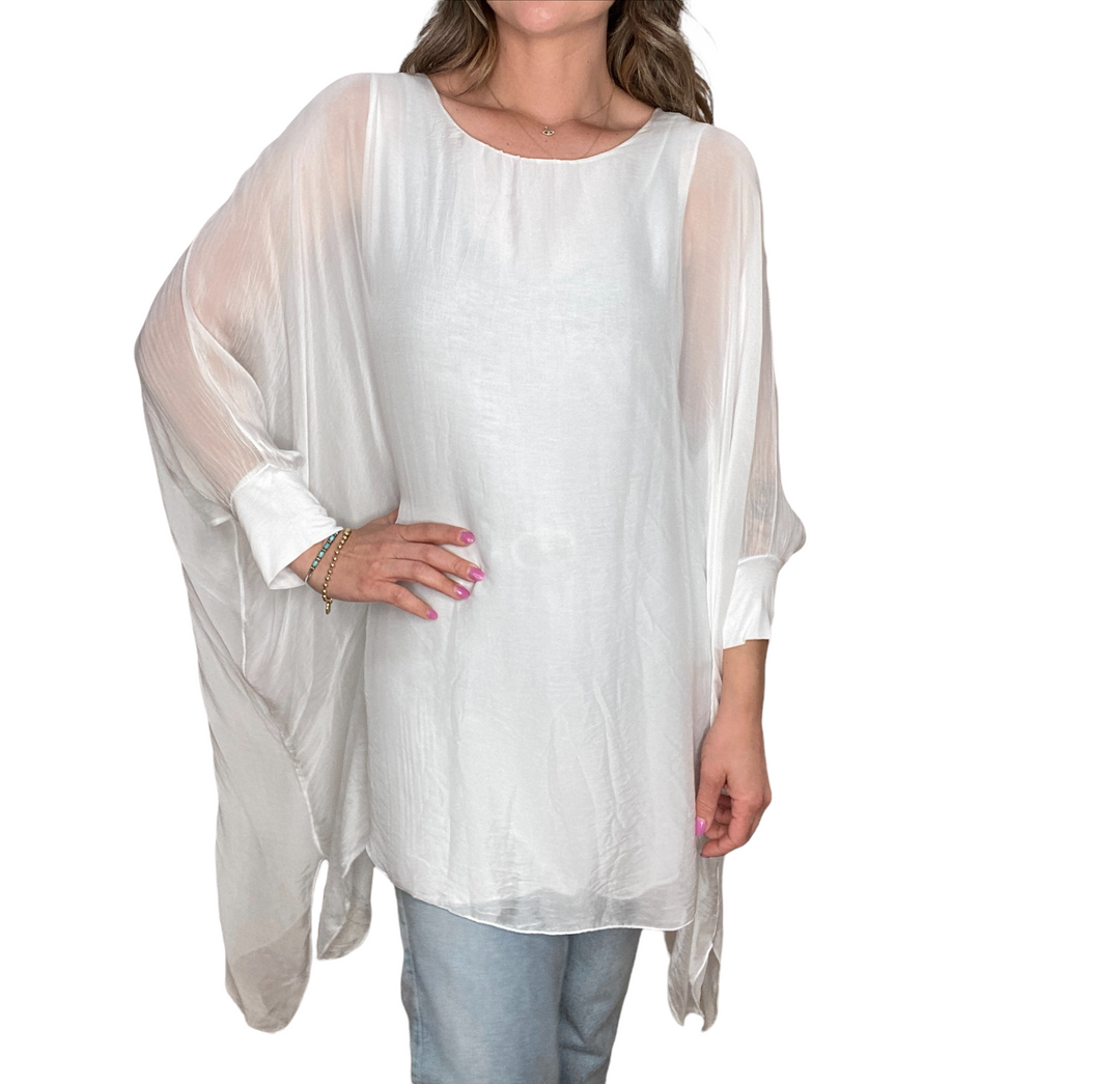 SILK ROUND NECK LONG TUNIC - WHITE - Kingfisher Road - Online Boutique