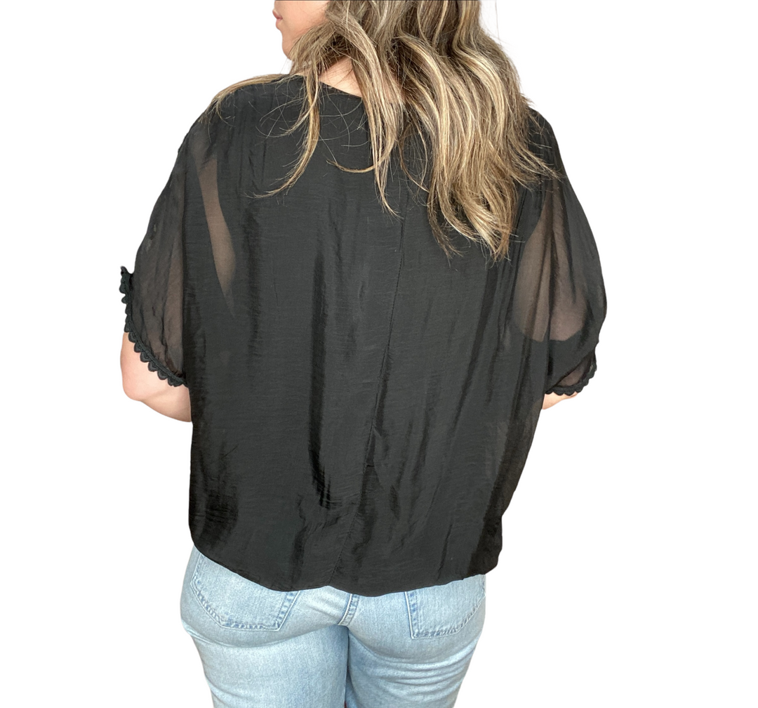 SILK FLORAL EMBROIDERED S/S TOP - BLACK - Kingfisher Road - Online Boutique