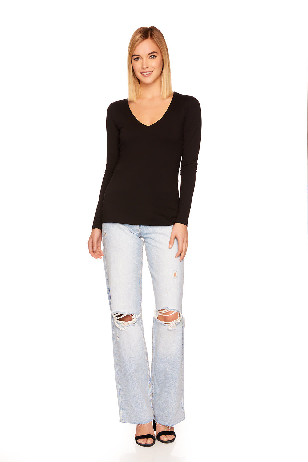 SEXY V-NECK LONG SLEEVE TOP-BLACK - Kingfisher Road - Online Boutique