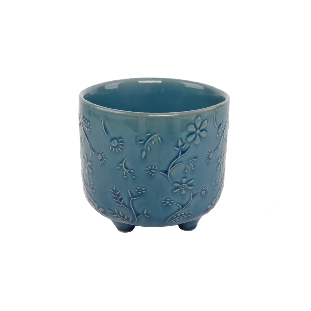 4.75" BLUE WILDFLOWER FOOTED PLANTER - Kingfisher Road - Online Boutique