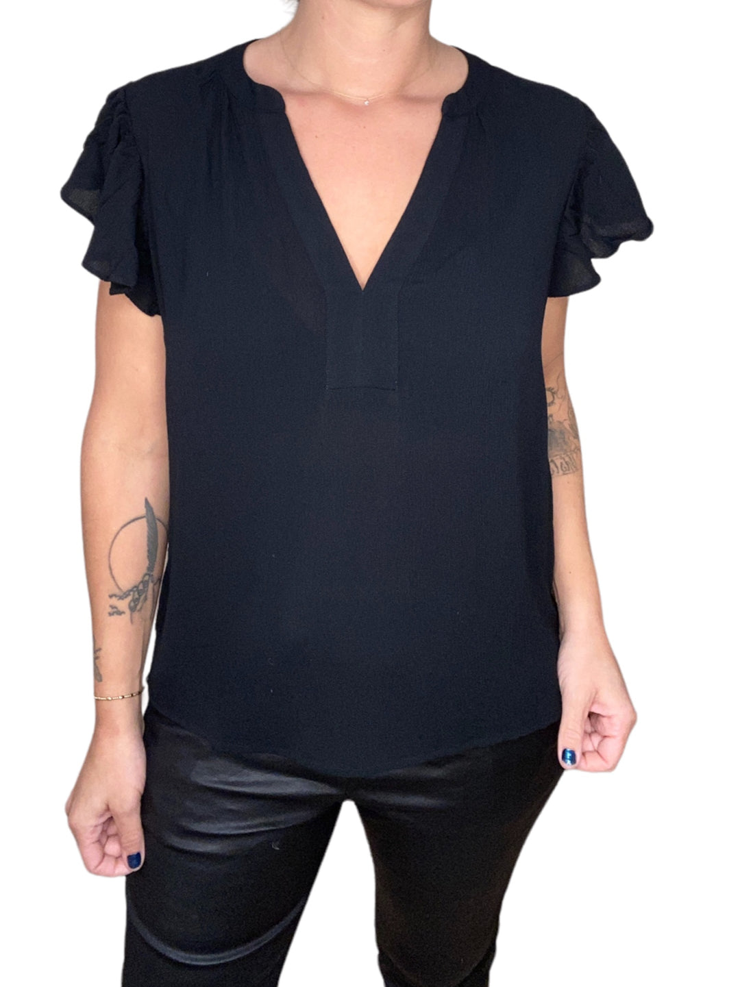 QUAY V-NECK RUFFLE SLEEVE TOP - BLACK - Kingfisher Road - Online Boutique