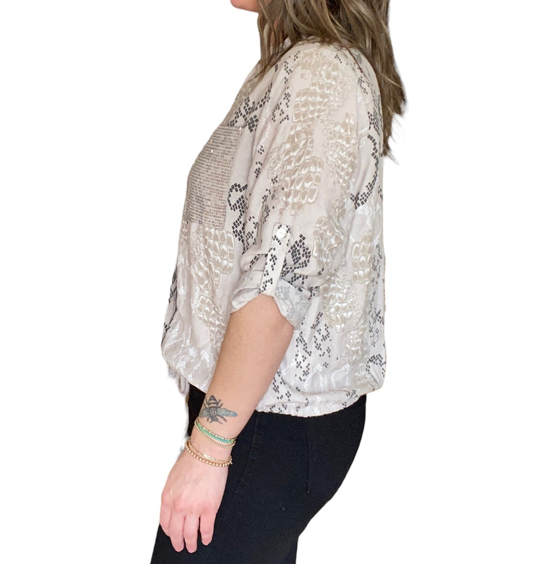 BEIGE SEQUIN POCKET SNAKE PRINT TOP - Kingfisher Road - Online Boutique