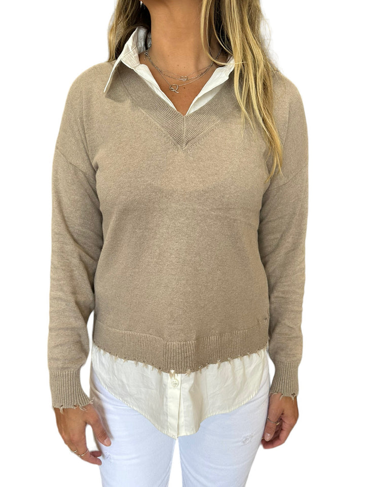 LAYERED V-NECK SWEATER - MUSHROOM - Kingfisher Road - Online Boutique