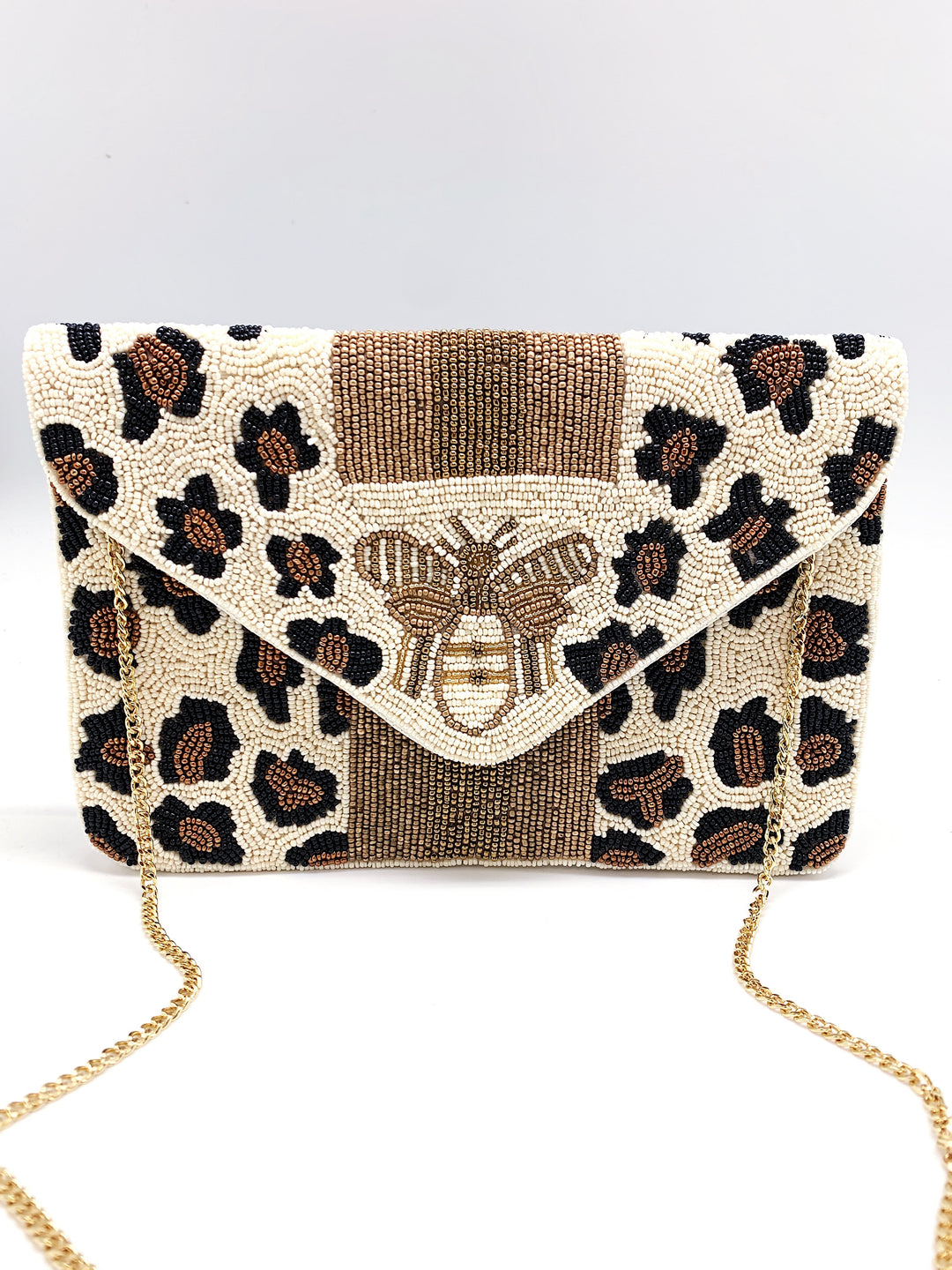 WHITE/GOLD CHEETAH BEADED BEE BAG - Kingfisher Road - Online Boutique
