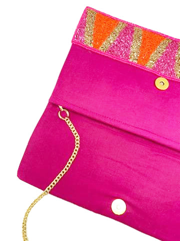 Phoebe Fuchsia Geometric Seed Bead Crossbody Chain Clutch popular Boho Gift Handbag