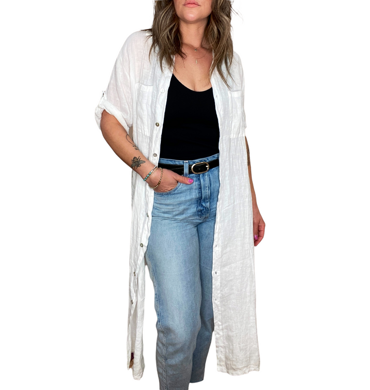 LONG LINEN BUTTON DOWN SHIRT DRESS WHITE - Kingfisher Road - Online Boutique