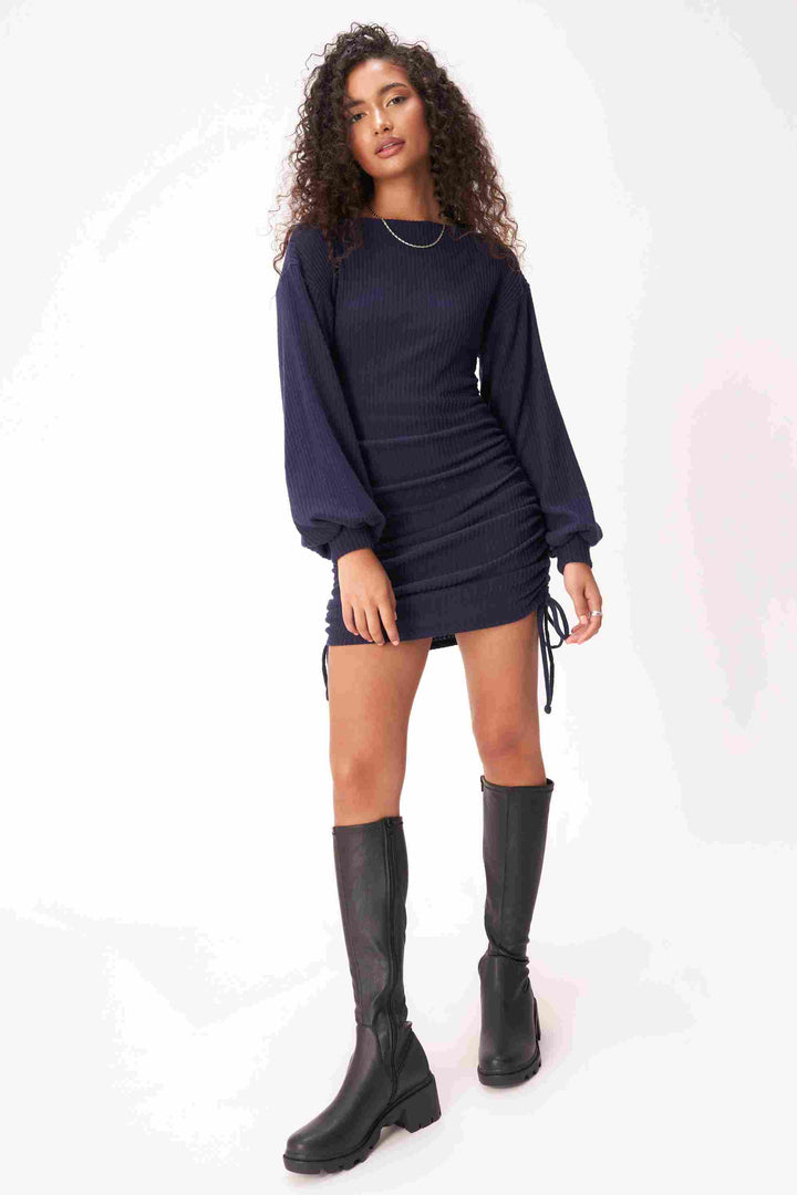 BENDITA RUCHED SIDE COZY RIB DRESS-GALAXY BLUE - Kingfisher Road - Online Boutique