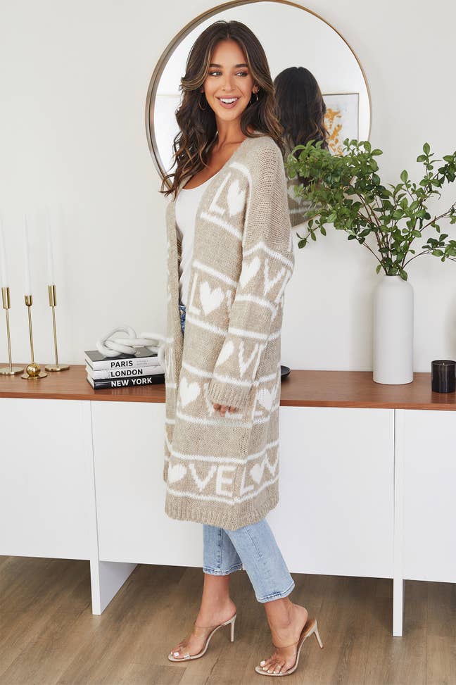 KNIT JACQUARD LOVE CARDIGAN SWEATER-BEIGE/WHITE - Kingfisher Road - Online Boutique