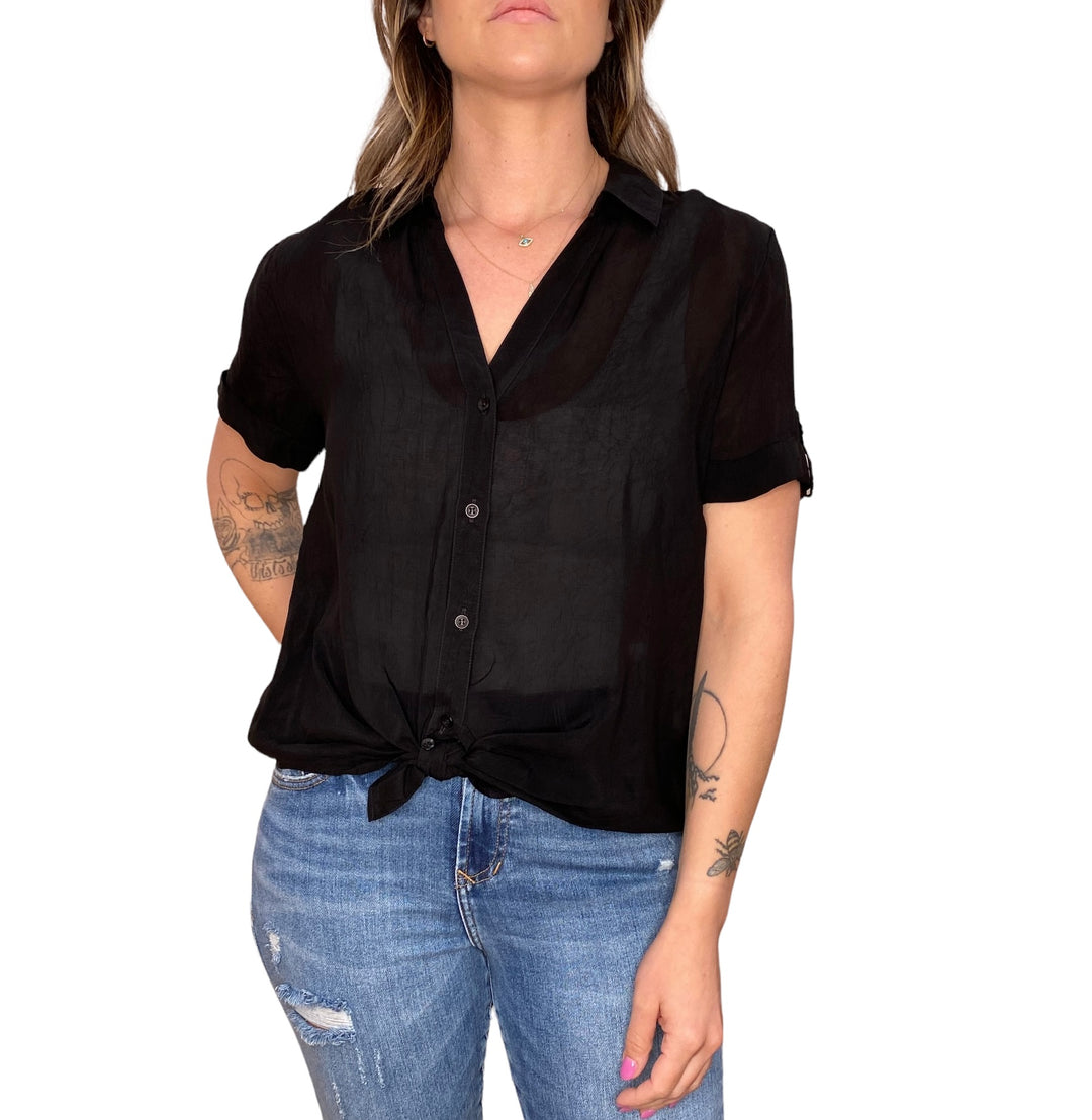 SHORT SLEEVE BUTTON DOWN TOP - BLACK - Kingfisher Road - Online Boutique