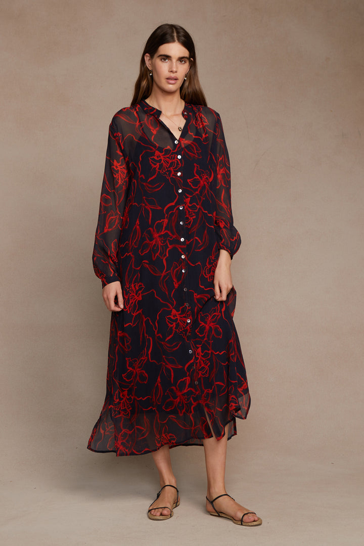 SILK CHIFFON LONG SLEEVE DRESS-DARK SAPPHIRE - Kingfisher Road - Online Boutique