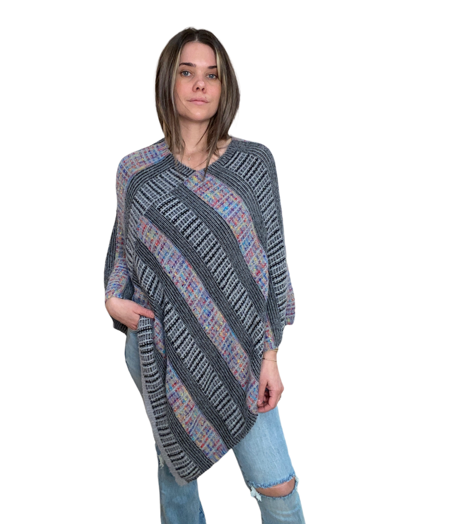 GREY FURRY KNIT STRIPE PONCHO - Kingfisher Road - Online Boutique