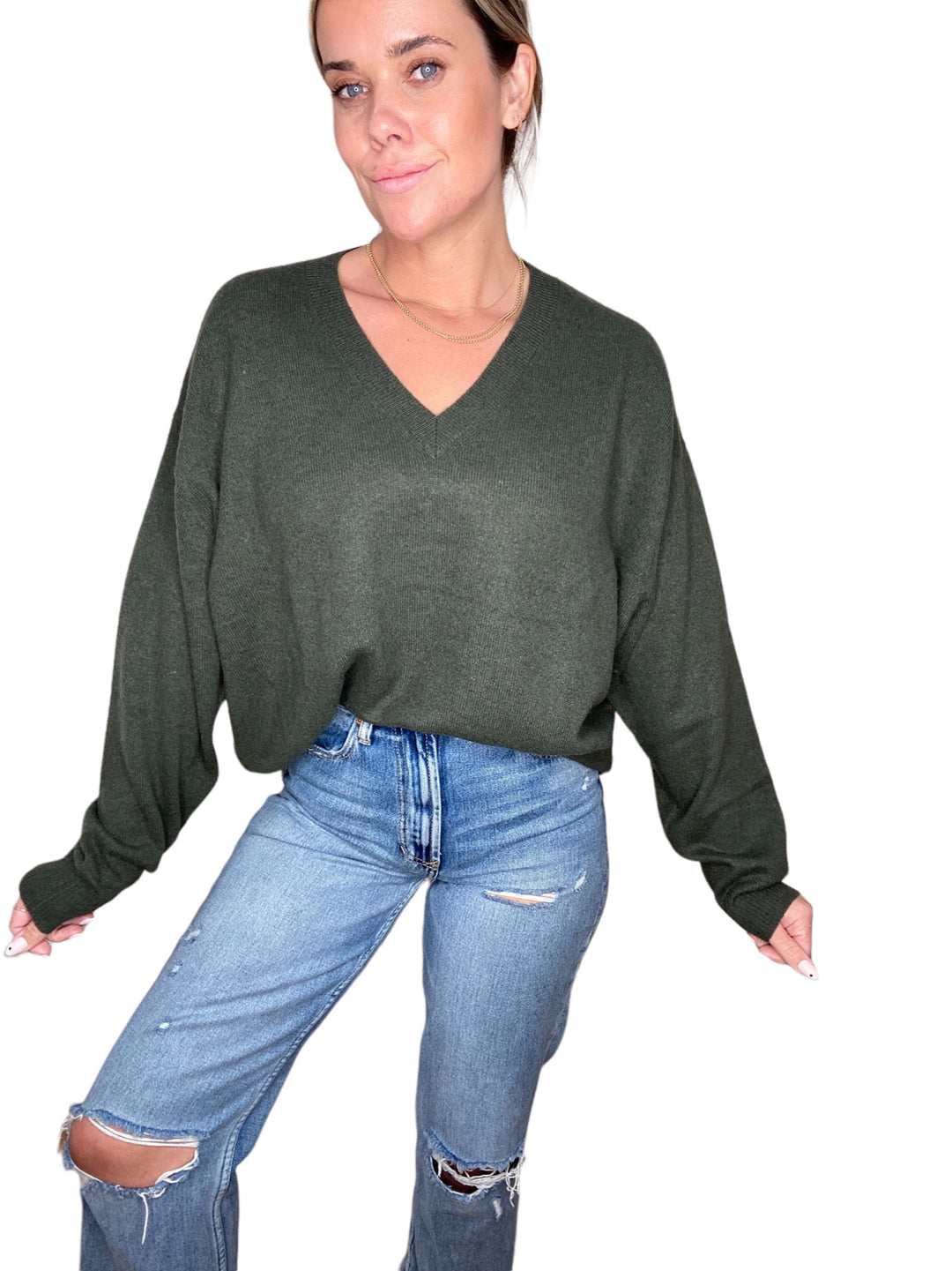 MALIBU V-NCK SWEATER 2.0 - KHAKI GREEN - Kingfisher Road - Online Boutique