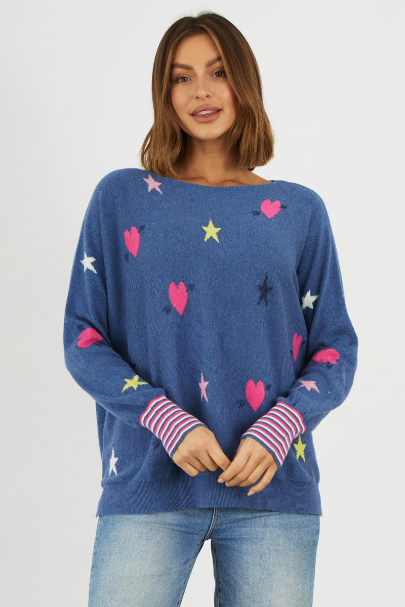 DENIM BLUE STAR AND HEART SWEATER - Kingfisher Road - Online Boutique