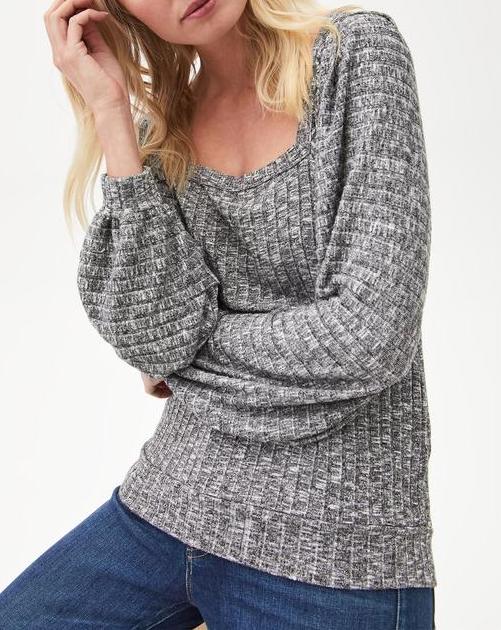 HEATHER GREY POLLY RIBBED TOP/BALLOON SLEEVE - Kingfisher Road - Online Boutique