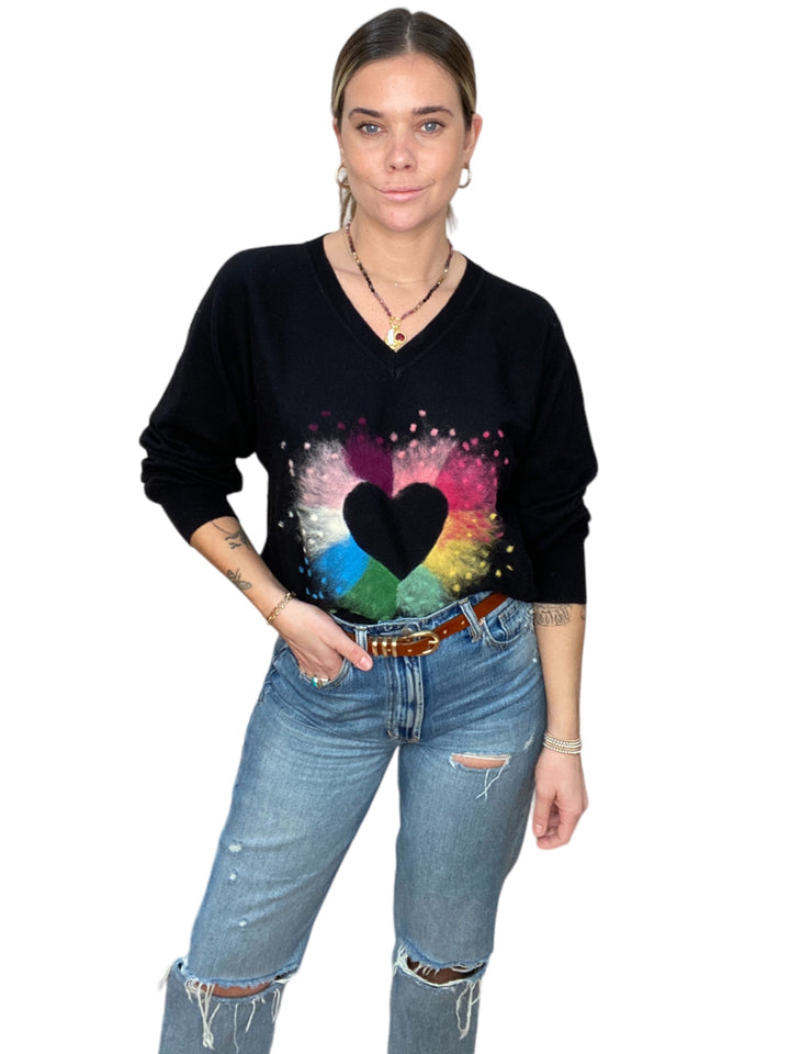 COTTON CASHMERE V-NECK UNITED HEART SWEATER-BLACKLEAD - Kingfisher Road - Online Boutique