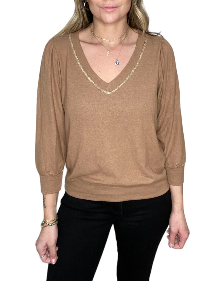 GABRIELLA V-NECK 3/4 SLV SWEATSHIRT - CAMEL - Kingfisher Road - Online Boutique