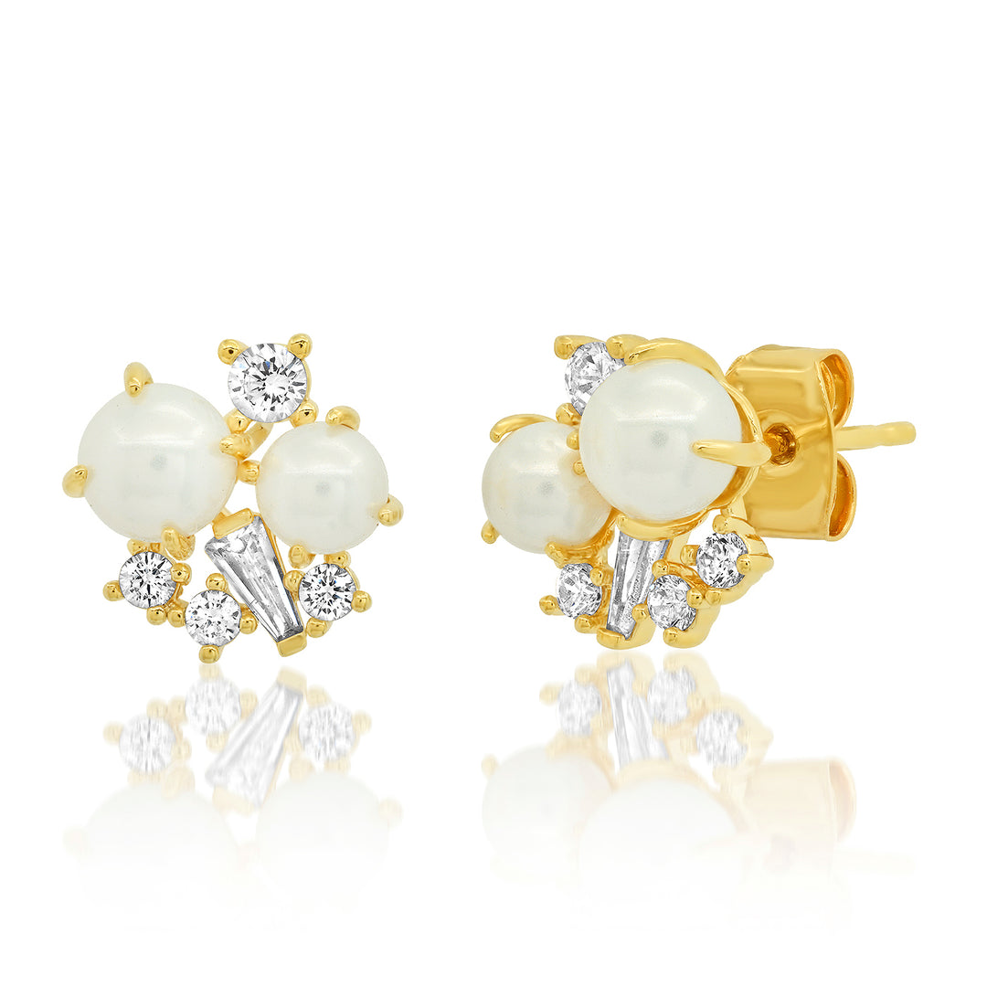 PEARL AND CZ CLUSTER STUD EARRINGS