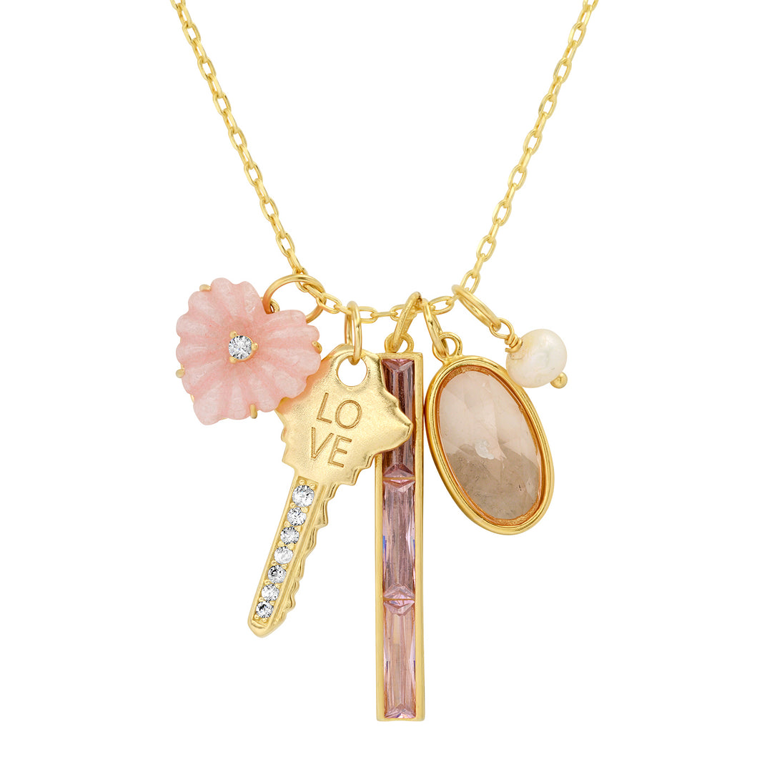 GOLD PINK HEART KEY CHARM NECKLACE