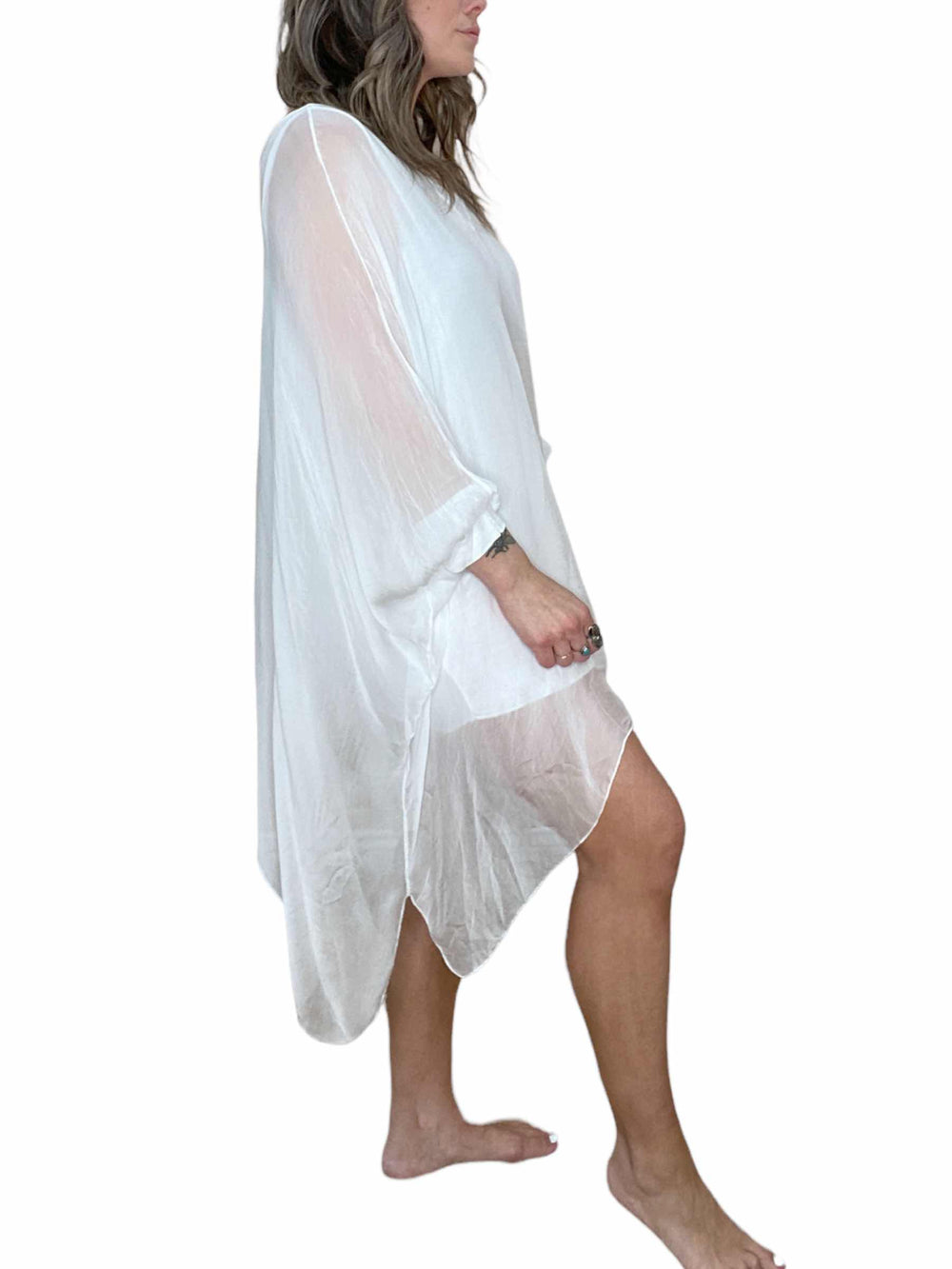 SILK V-NECK LONG TUNIC - WHITE - Kingfisher Road - Online Boutique
