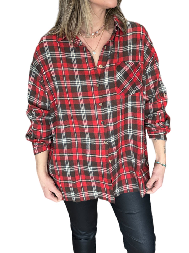 RED BRUSHED CHECKER BUTTON DOWN SHIRT - Kingfisher Road - Online Boutique