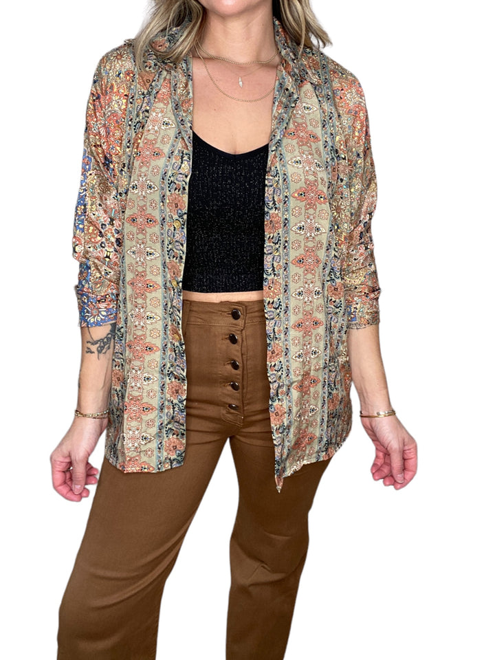 BROWN PRINT SILKY BUTTON DOWN TOP - Kingfisher Road - Online Boutique