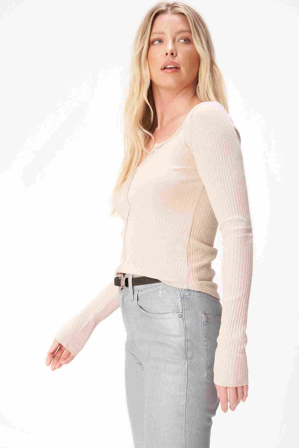 VOYAGER NOTCH NECK RIB LONGSLEEVE-RAW LINEN - Kingfisher Road - Online Boutique