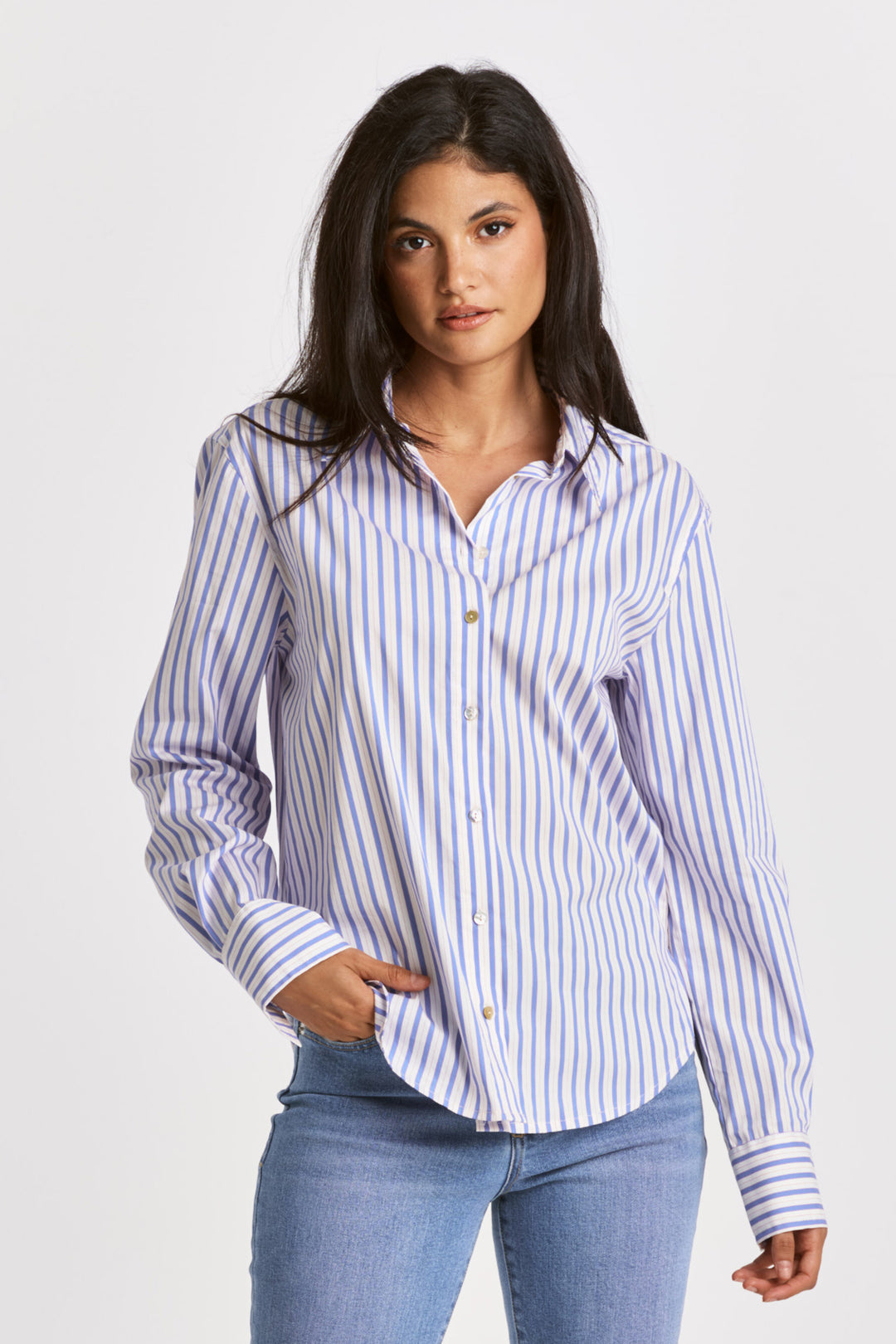 GAIA BUTTON DOWN LONG SLEEVE-BLUE COCKTAIL - Kingfisher Road - Online Boutique