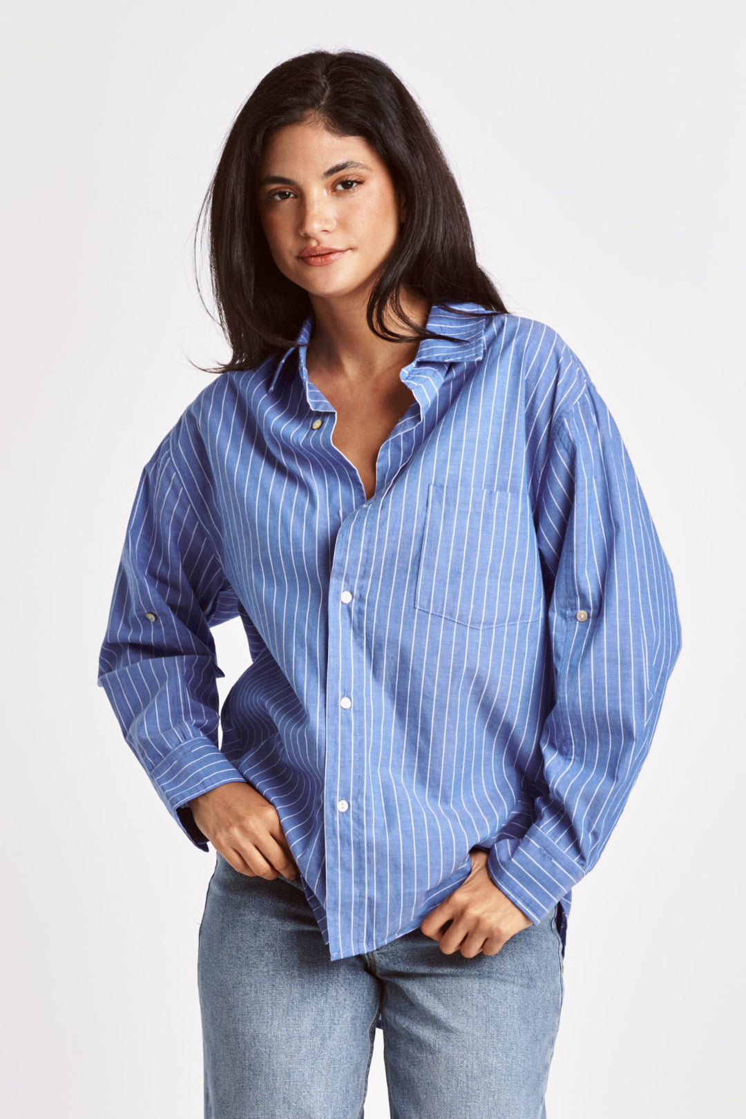 LOLA BUTTON DOWN COLLARED SHIRT-FRENCH BLEU - Kingfisher Road - Online Boutique