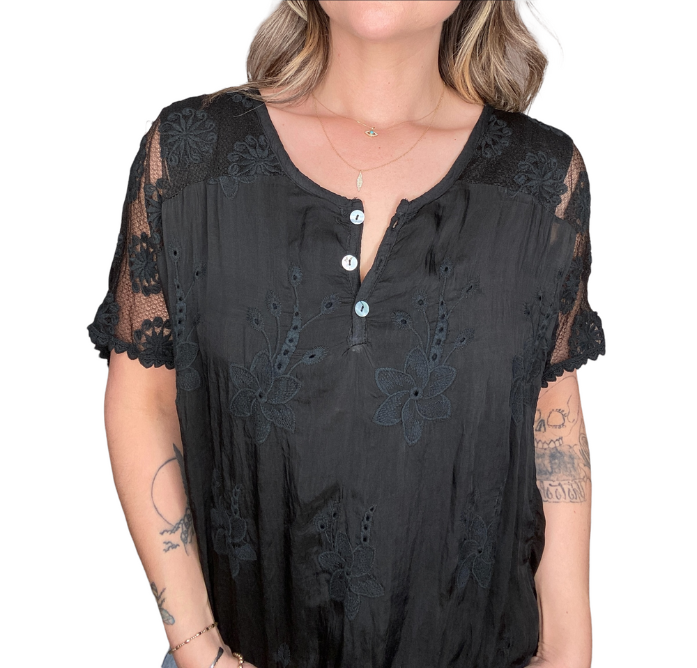 SILK FLORAL EMBROIDERED S/S TOP - BLACK - Kingfisher Road - Online Boutique