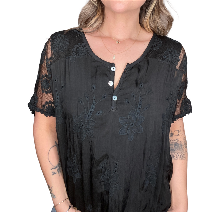 SILK FLORAL EMBROIDERED S/S TOP - BLACK - Kingfisher Road - Online Boutique