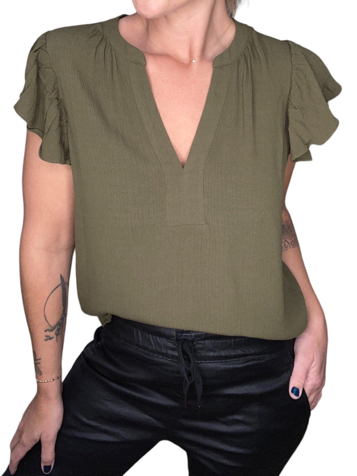 QUAY V-NECK RUFFLE SLEEVE TOP -  OLIVE - Kingfisher Road - Online Boutique
