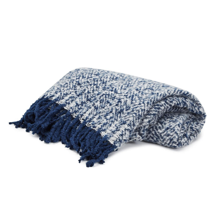 BLUE HERRINGBONE CHENILLE FRINGED THROW - Kingfisher Road - Online Boutique